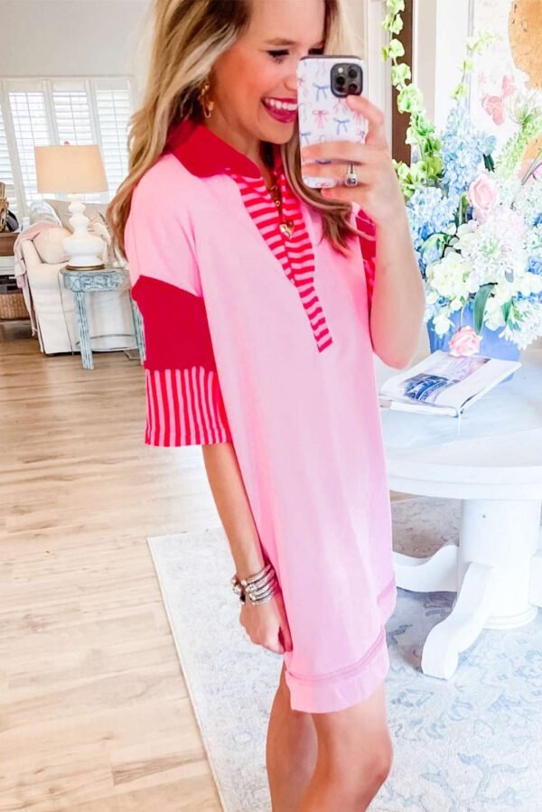 Pink Stripe Colorblock Patchwork Short Sleeve T Shirt Dress