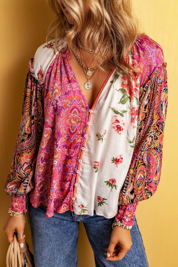 Pink Multicolor Floral Patchwork Shirred Cuffs Buttoned Blouse