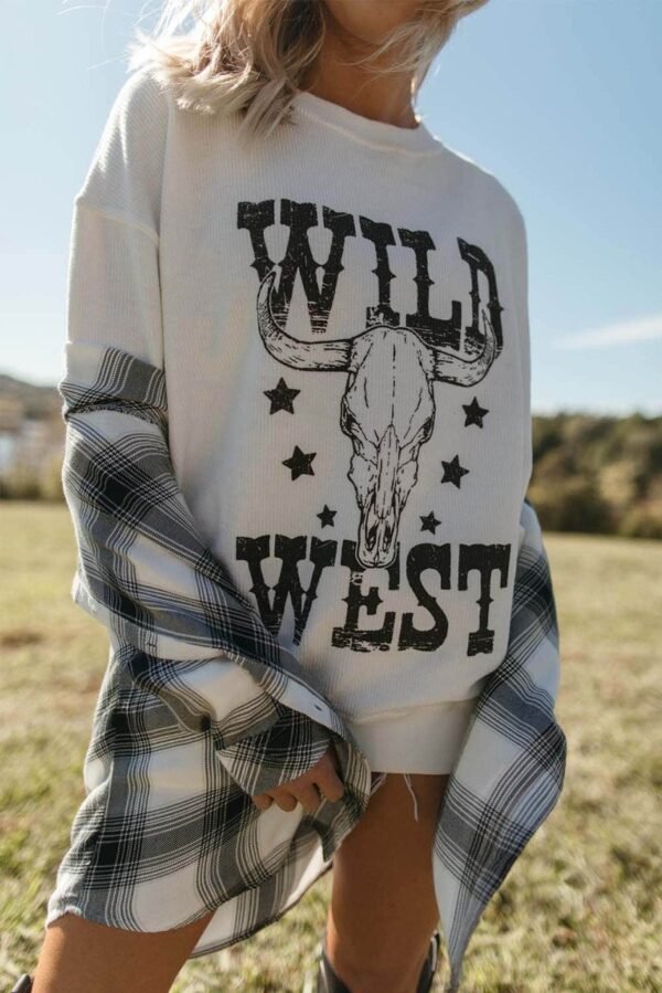 White WILD WEST Steer Skull Graphic Ribbed Sweatshirt