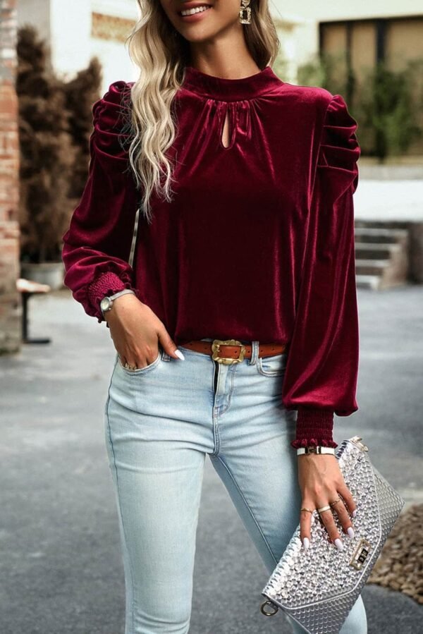 Red Mock Neck Puff Sleeve Velvet Blouse