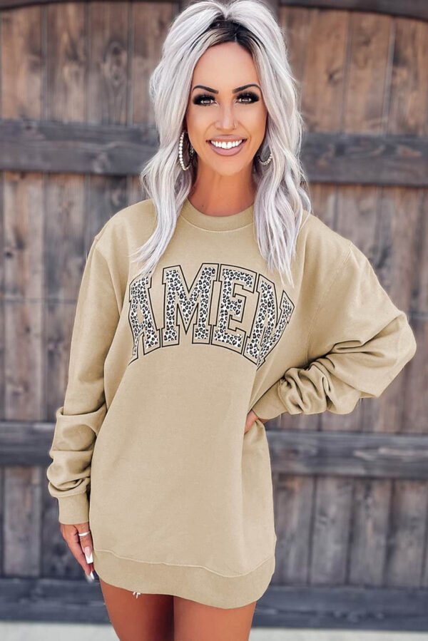 Khaki AMEN Leopard Letter Print Oversized Pullover Sweatshirt