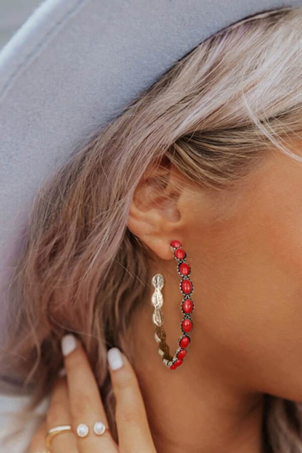 Red Retro Turquoise Circle C-shaped Earrings