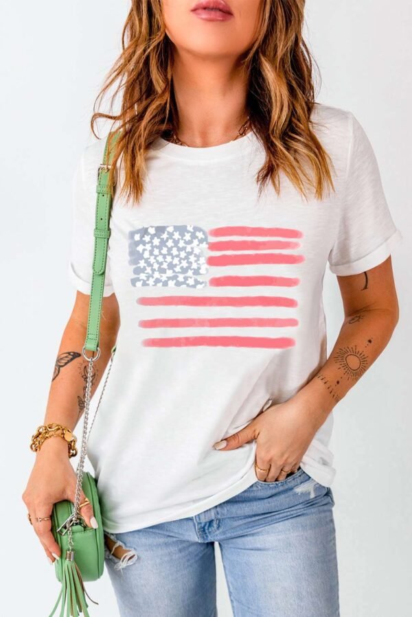 White American Flag Pattern Crew Neck Short Sleeve Tee