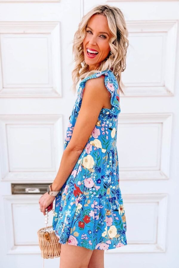 Sky Blue Floral Flutter Sleeve V Neck Ruffled Dress