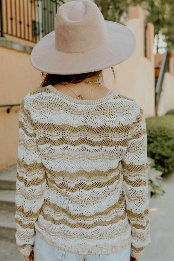 Wavy Stripe Scalloped Edge Pointelle Knit Sweater