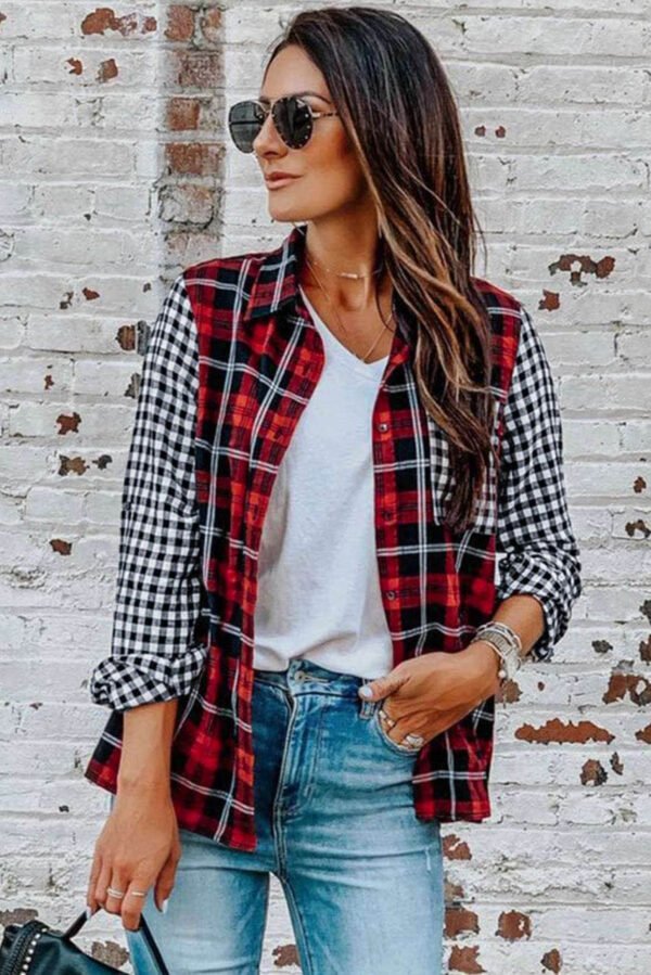 Red Plaid Splicing Hit Color Pockets Turndown Collar Long Sleeve Shirt