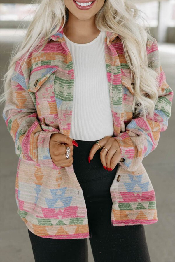 Multicolor Plus Size Flap Pockets Aztec Print Jacket