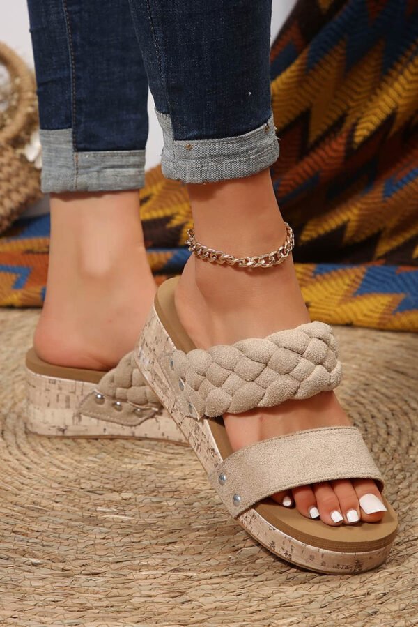 Light French Beige Woven Suede Band Wedge Slippers