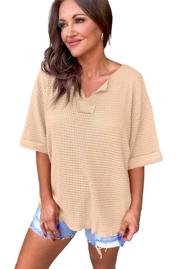 Parchment Textured Knit Split Neck Cuffed Short Sleeve Top