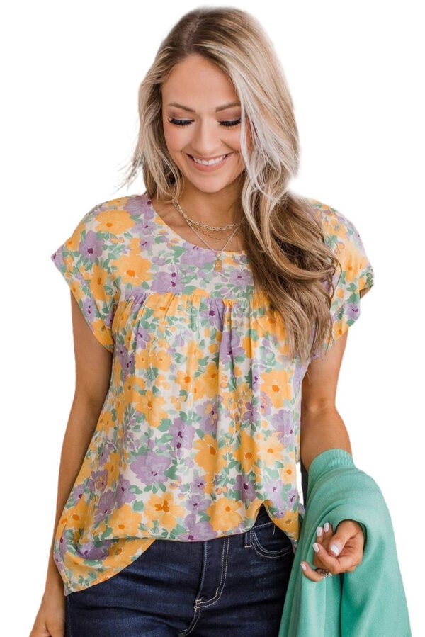 Yellow Floral Print Keyhole Back Short Sleeve Babydoll Blouse