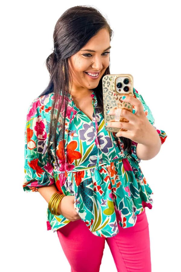 Multicolor Floral Tie Split Neck Plus Size Peplum Blouse