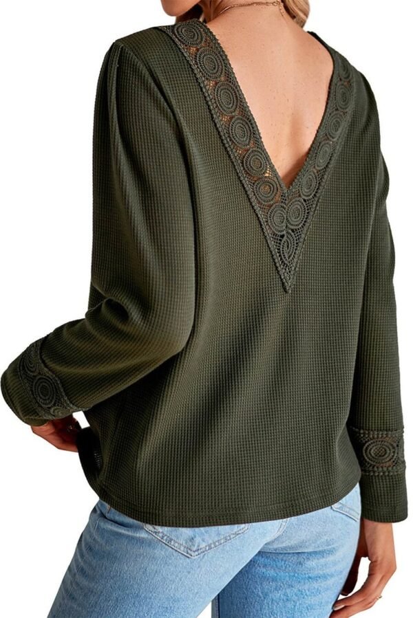 Green Lace Patchwork V Neck Waffle Knit Top