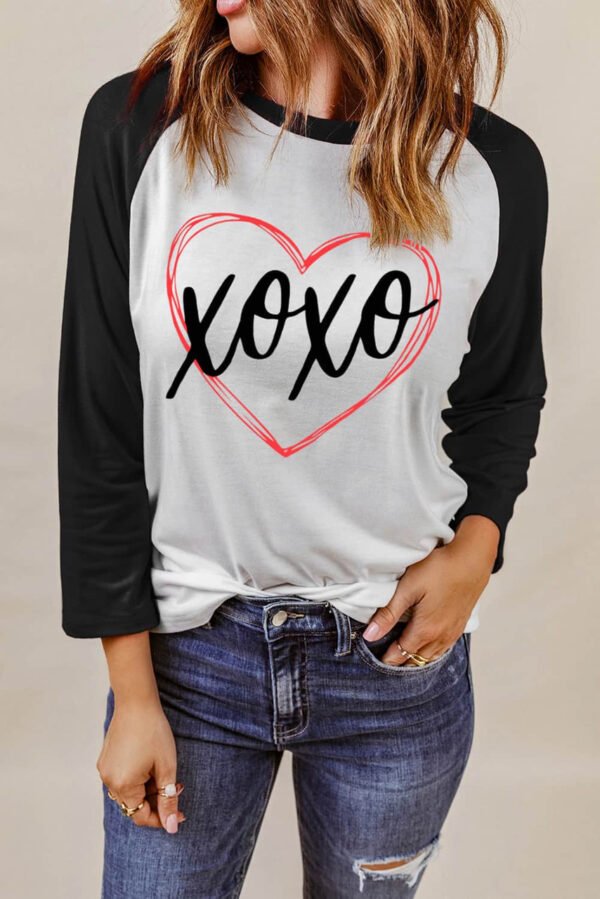 Black XOXO Heart Graphic Contrast Sleeve Tee