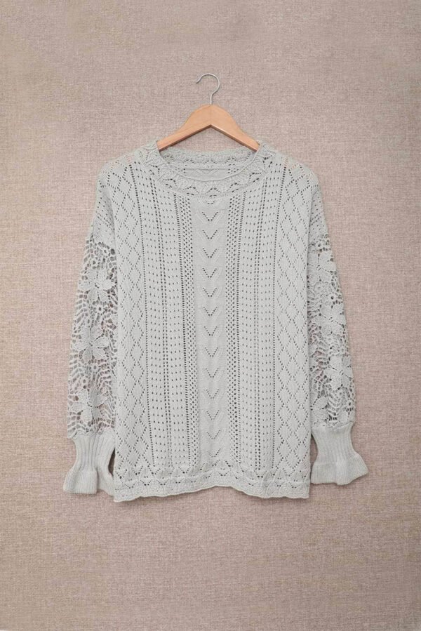 Gray Crochet Lace Pointelle Knit Sweater
