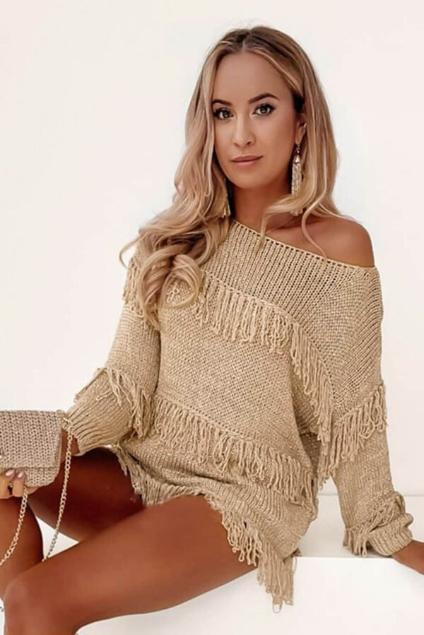 Khaki Boho Tasseled Knitted Sweater