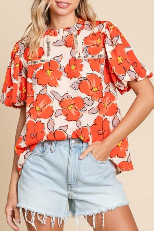 Orange Floral Bubble Sleeve Frill Neck Loose Blouse