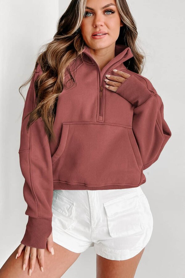 Brown Zip Up Stand Collar Ribbed Thumbhole Sleeve Sweatshirt