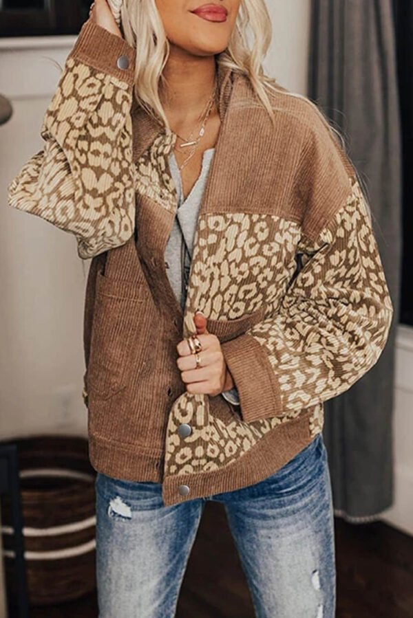 Brown Leopard Print Corduroy Long Sleeve Jacket
