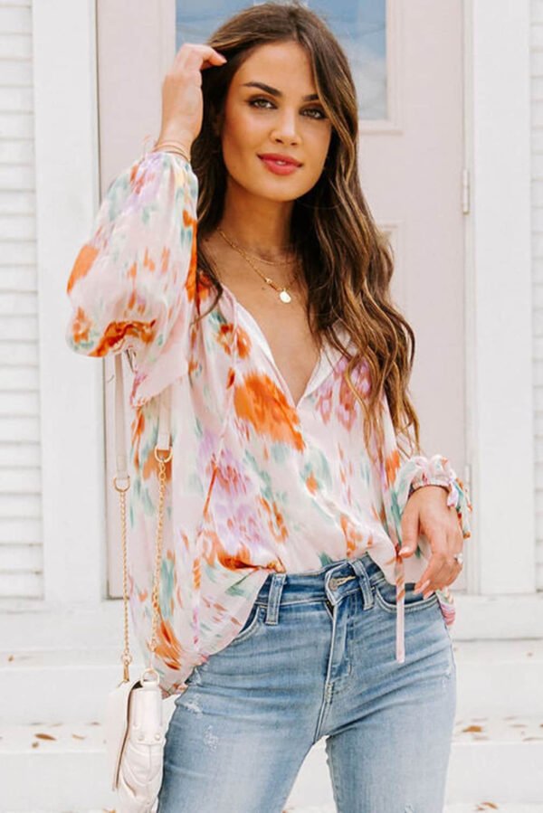 Multicolor Abstract Print Split Neck Puff Sleeve Blouse