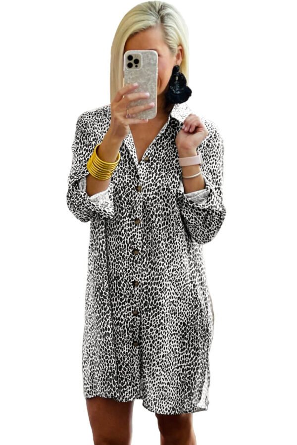 Long Sleeve Leopard Animal Print Shirt Dress