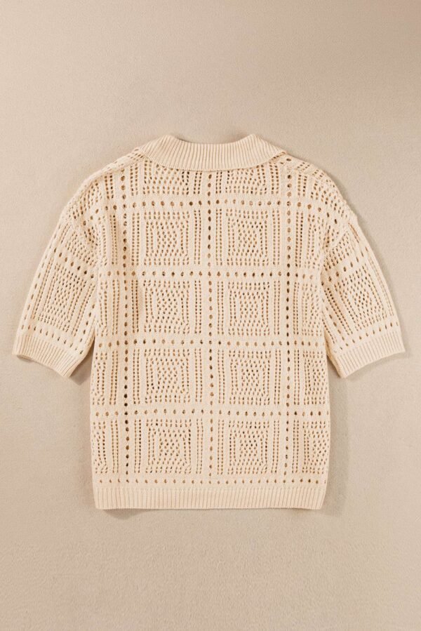 Apricot Turn-down Collar Hollowed Knit Short Sleeve Top