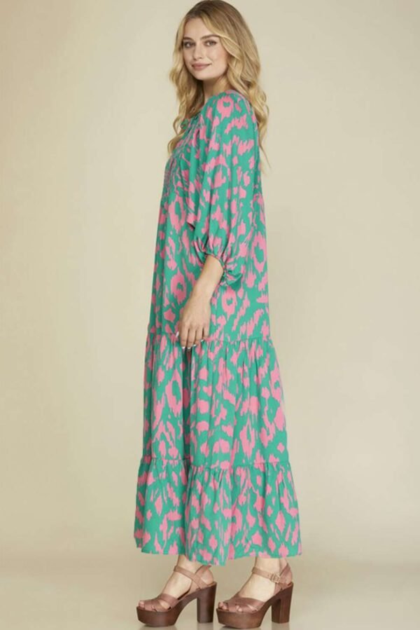 Green Abstract Print Puff Sleeve Tied Notched Neck Long Dress