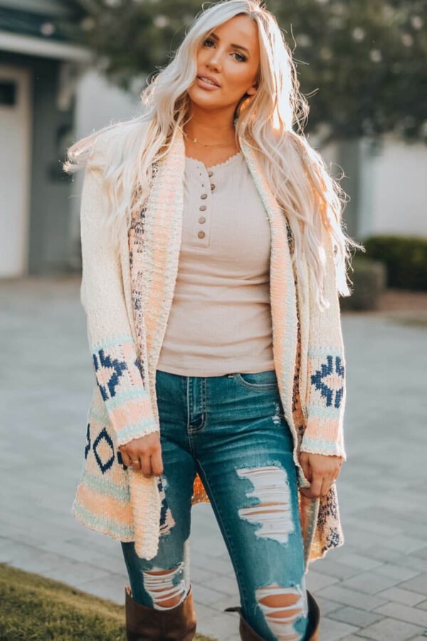 Apricot Aztec Print Open Front Cardigan