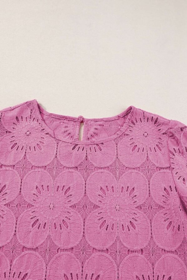 Bright Pink Flower Eyelet Jacquard Keyhole Flounce Sleeve Top