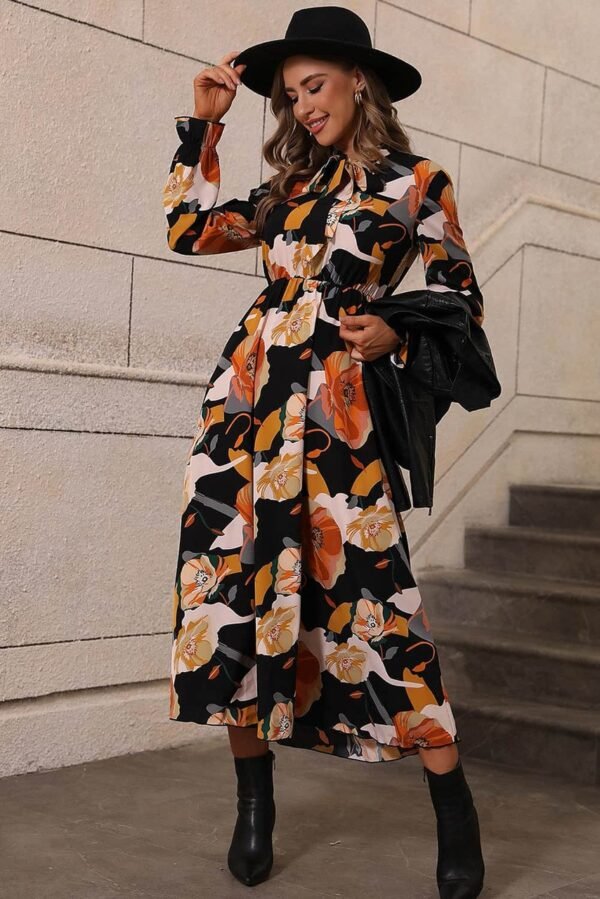 Orange Floral Print Tie Neck Long Sleeve Dress