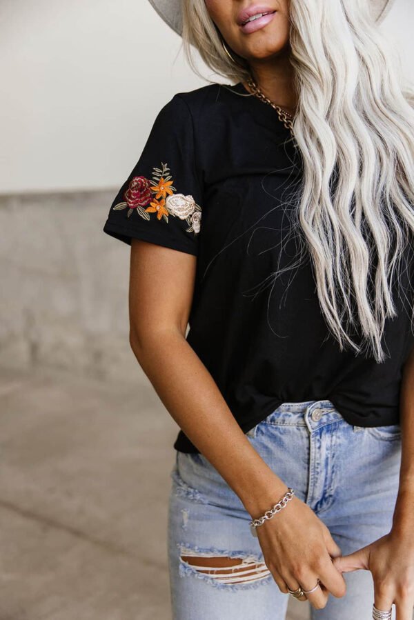 Black Floral Embroidered Round Neck Short Sleeve T Shirt