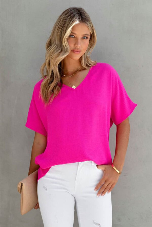 Rose Solid V Neck Short Sleeve Blouse