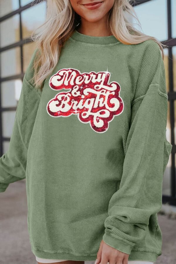 Grass Green Merry & Bright Sequin Ribbed Crew Neck Sweatshirt