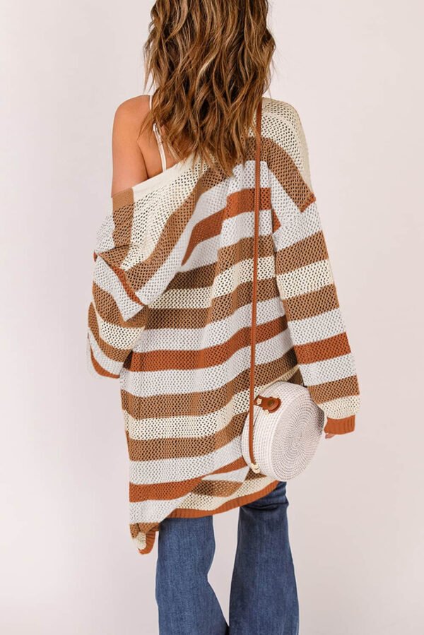 Brown Striped Color Block Hollowed Knit Cardigan