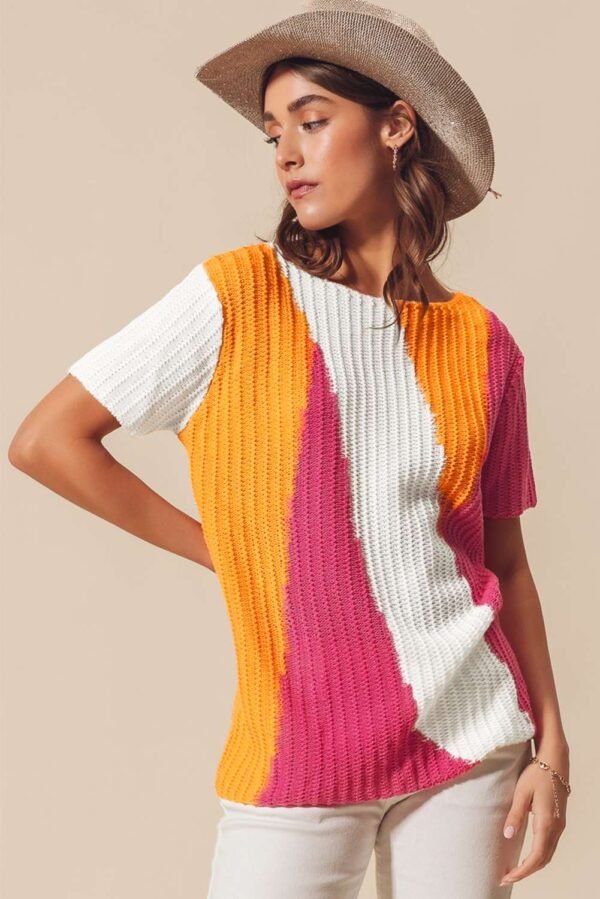 Orange Textured Knit Colorblock Short Sleeve Sweater