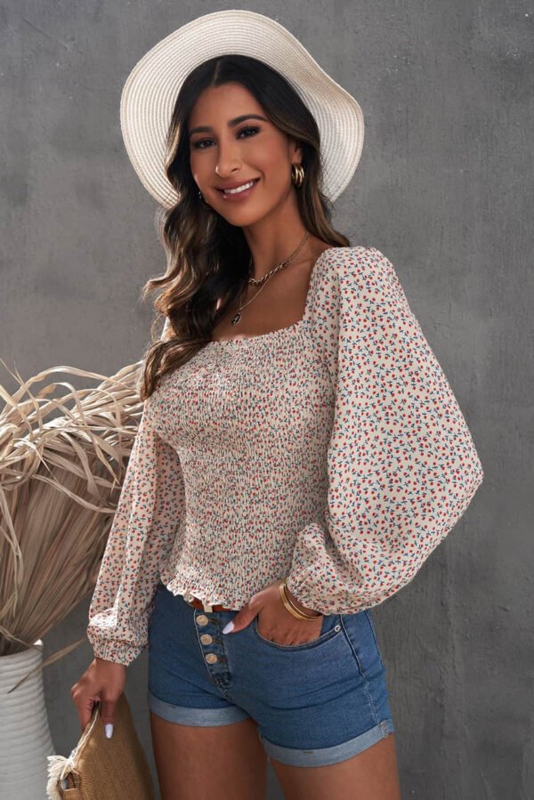 Apricot Square Neck Puff Sleeve Floral Smocked Top