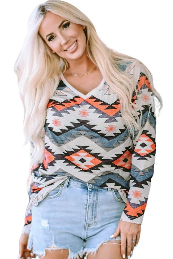 Multicolor Aztec Print V Neck Long Sleeve Top