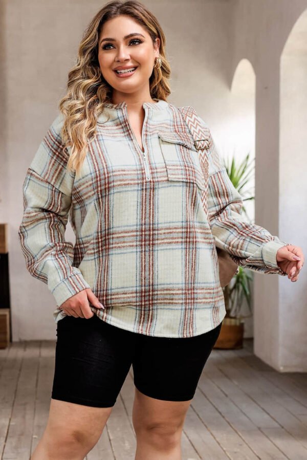 Beige Plus Size Plaid Half-Zipper Sweatshirt with Chest Pocket