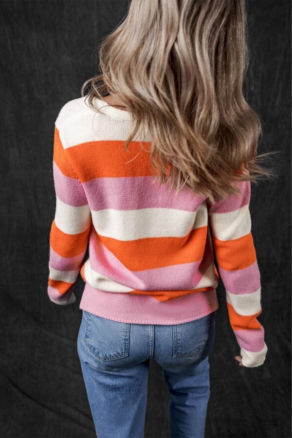 Orange Stripe Colorblock V Neck Casual Sweater