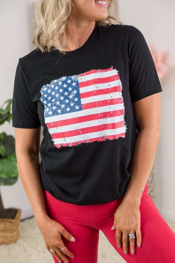 Black Frayed American Flag Printed Crewneck T Shirt