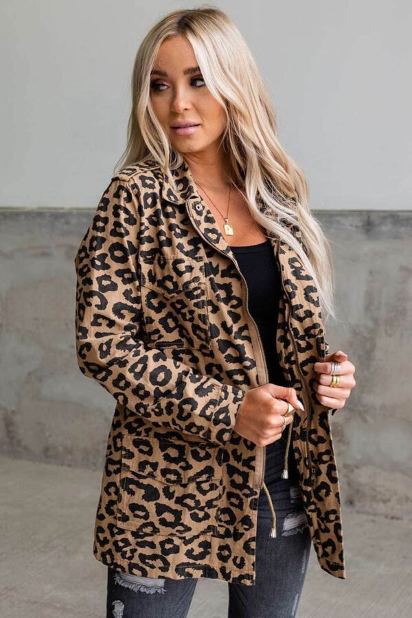 Brown Lapel Collar Zipper Drawstring Leopard Coat