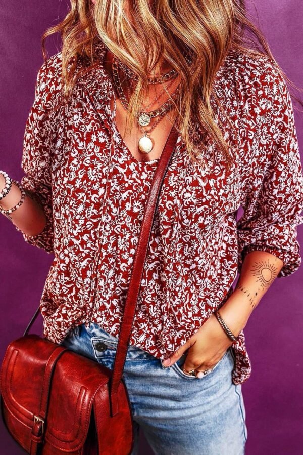 Biking Red Floral Print Smocked Tie Neck Blouse