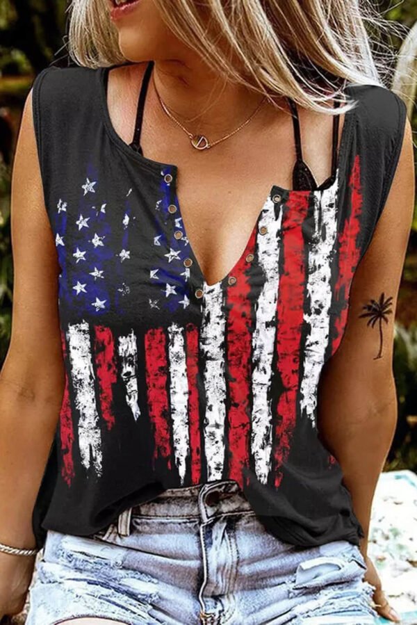 Black American Flag Printed Notched V-Neck Tank Top