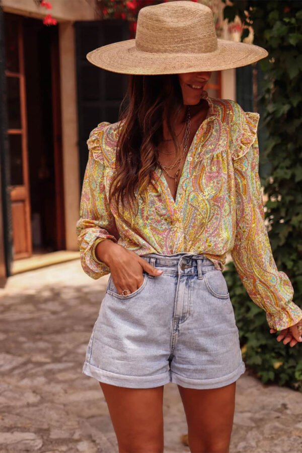 Yellow Paisley Print Ruffled Trim Boho Shirt