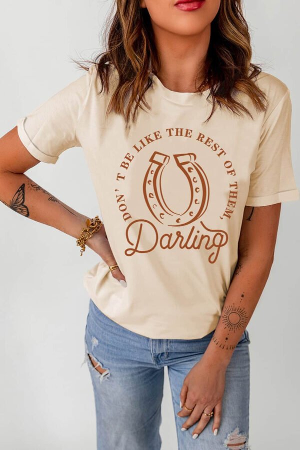 Khaki Darling Letter Graphic Print Short Sleeve T Shirt