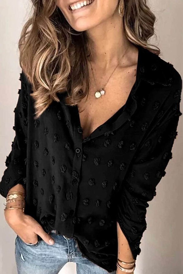 Black Long Sleeve Button Fuzzy Polka Dot Shirt