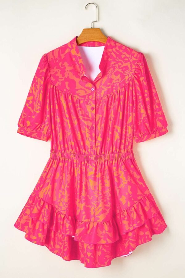 Rose Abstract Print Puff Short Sleeve Ruffled Mini Dress