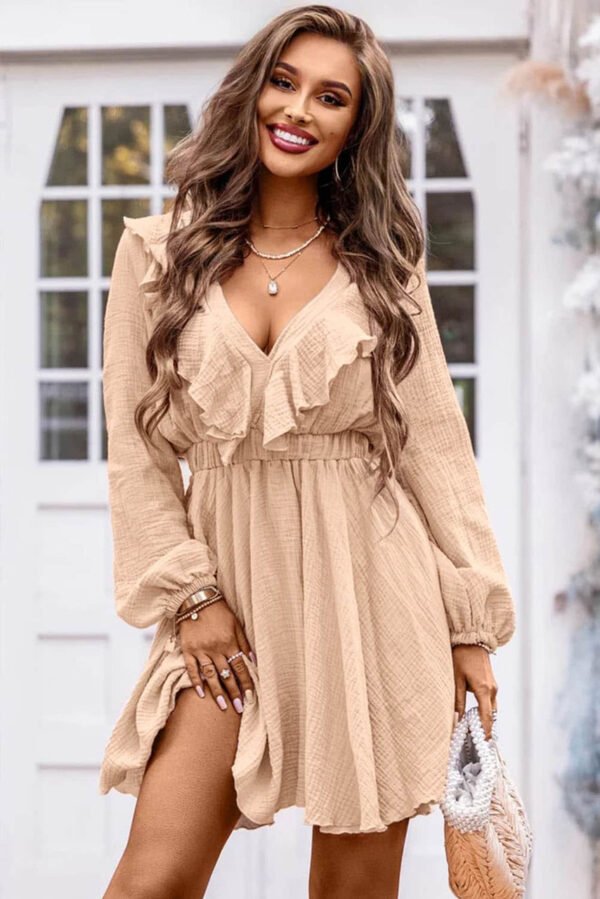 Khaki Textured Ruffled V Neck High Waist Mini Dress