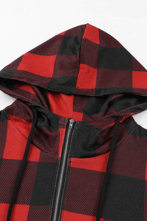 Black Contrast Buffalo Plaid Zip Pullover Hooded Top