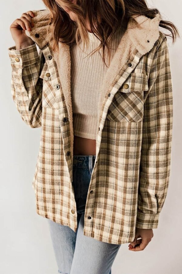 Khaki Plaid Pattern Sherpa Lined Hooded Shacket