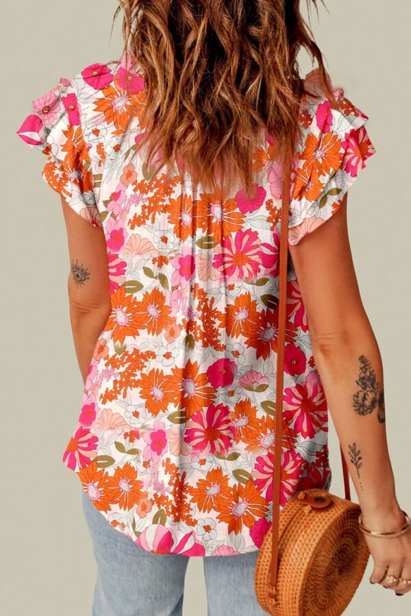 Multicolor Split V Neck Ruffle Sleeve Floral Blouse